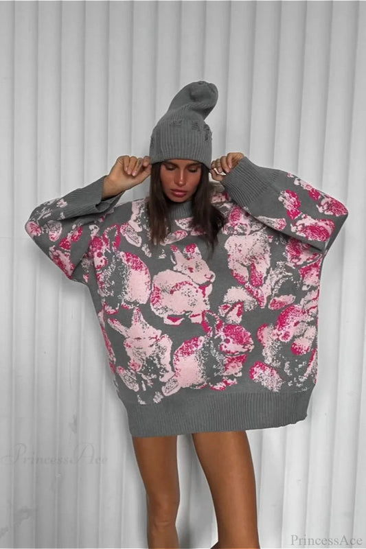 Rabbit Pattern Loose Lazy Colorblock Sweater Grey / S
