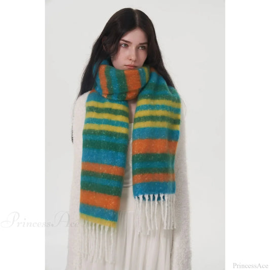 Rainbow Striped Thick Muffler Scarf For Autumn/Winter Warmth Green Blue Orange / L214Cm W35Cm