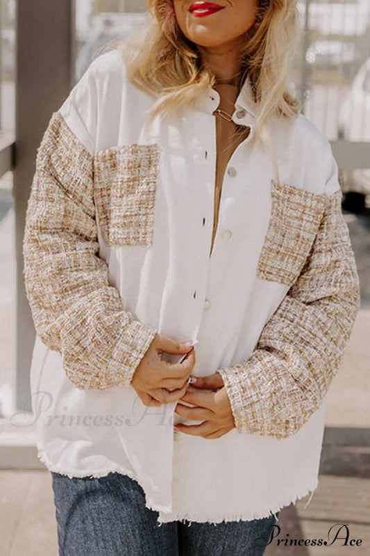 White Plus Size Tweed Patchwork Raw Hem Long Sleeve Button down shirt Jacket White 100%Cotton clothes long sleeve shirt long sleeve shirts long sleeve top long sleeve tops shirt shirts top tops