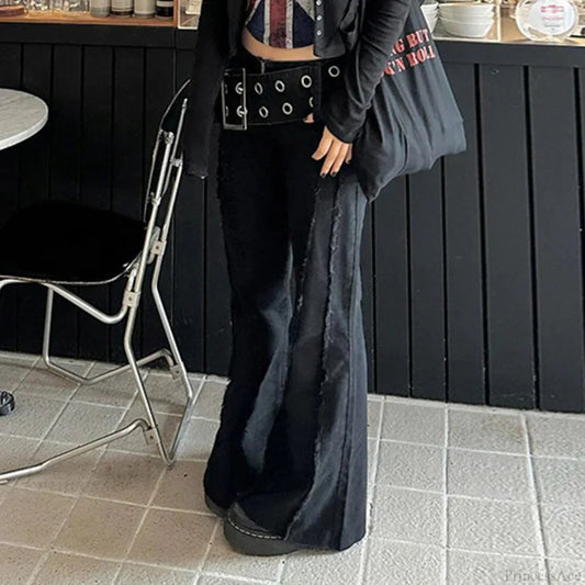 Rebellious Dark Wide Belt Denim Pant Black / S