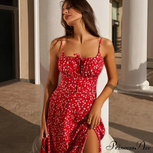 Red Floral Print Charming Strap Split Midi Dress Printed Midi