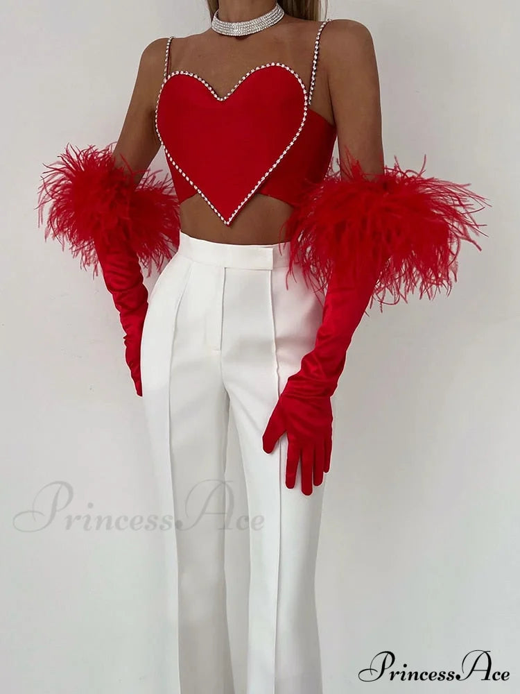 Red Heart Cut Out Graceful Rhinestone Strap Crop Top – PrincessAce
