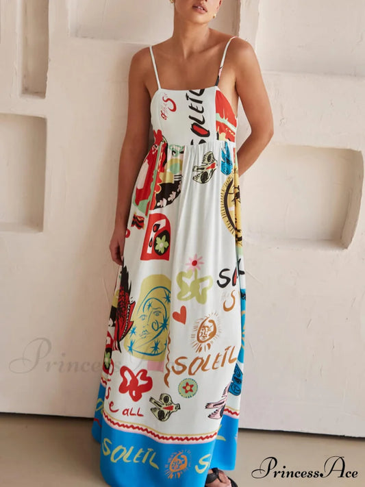 Refined Sensation Satin Charming Unique Print Maxi Dress White / S Dresses