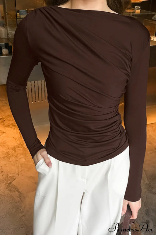 Retro Brown Slim Crew Neck Waist Cinched Long Sleeve Tee