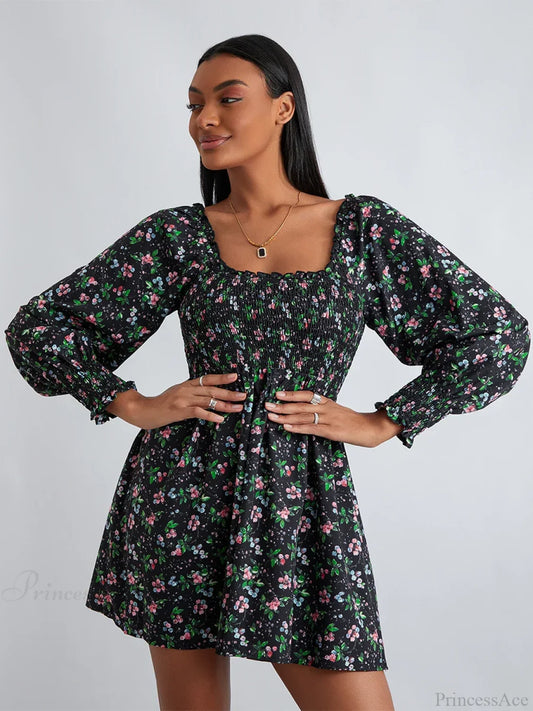 Retro Floral Print Ruffled Trim Square Neck A-Line Short Floral Dress Black / S floraldress-250126