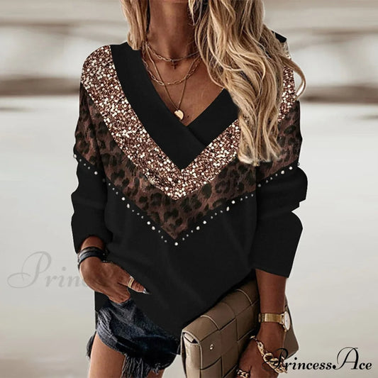 Retro Leopard Print Contrast Color V-Neck Pullover 01 Black / S