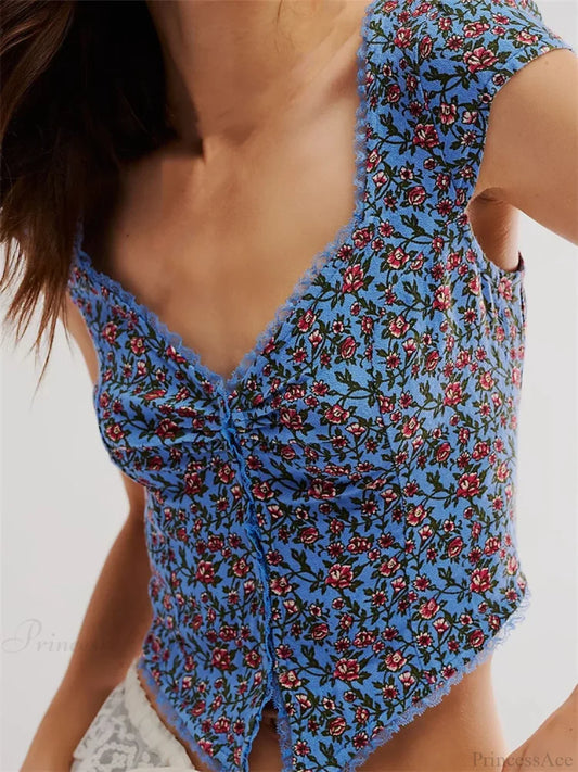 Retro Slim Fit Floral Button V-neck Crop Top Beige / S croptop-250126