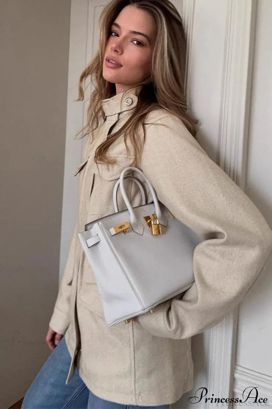 Retro Solid Collared Elastic-Waist Long-Sleeve Trench Jacket