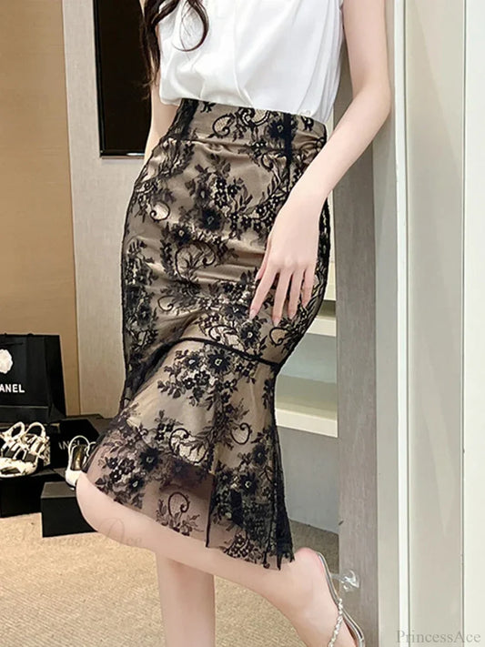 Retro Versatile Lace Wrap Hip Fishtail High Waist Skirt skirt-250126