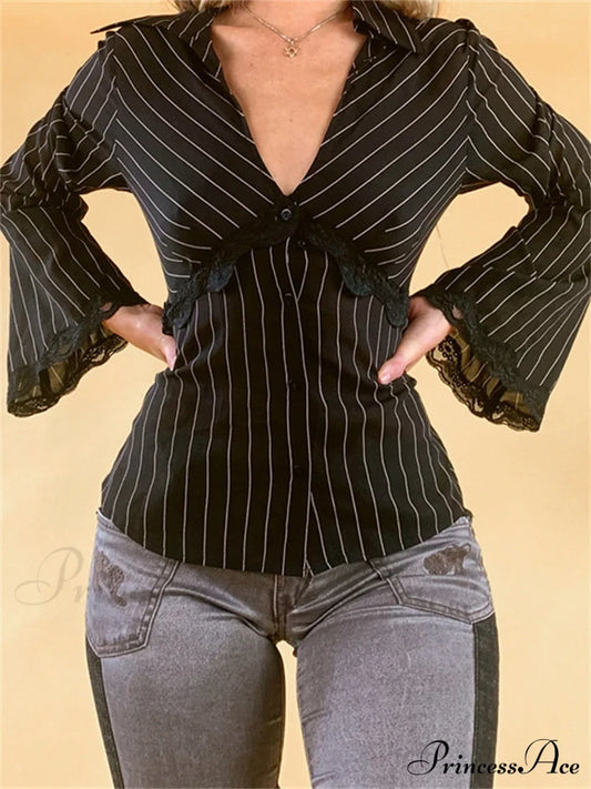 Retro Y2K Lace Patchwork Tshirt Button With Up And Design