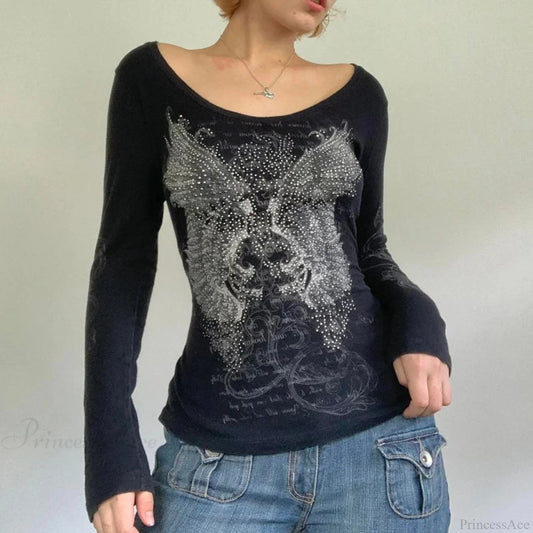 Rhinestone Graphic Knit Top black 1 / S
