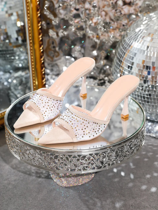 Rhinestone Slippersfashion Stiletto High Heels Pointed Open Toe Slides Party Sandals Heel Beige / 35
