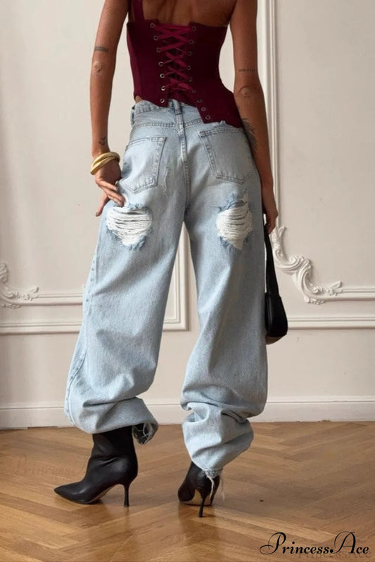 Ripped Vintage Straight Wide-Leg Ankle-Length Jeans Light blue / S