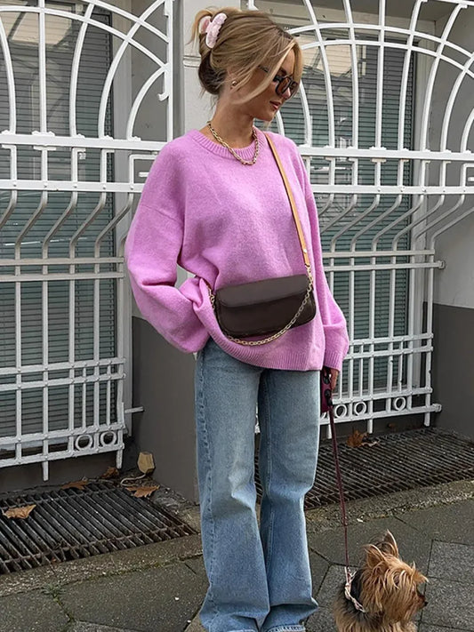 Rose Pink O - neck Lantern Sleeve Sweater Pink / S