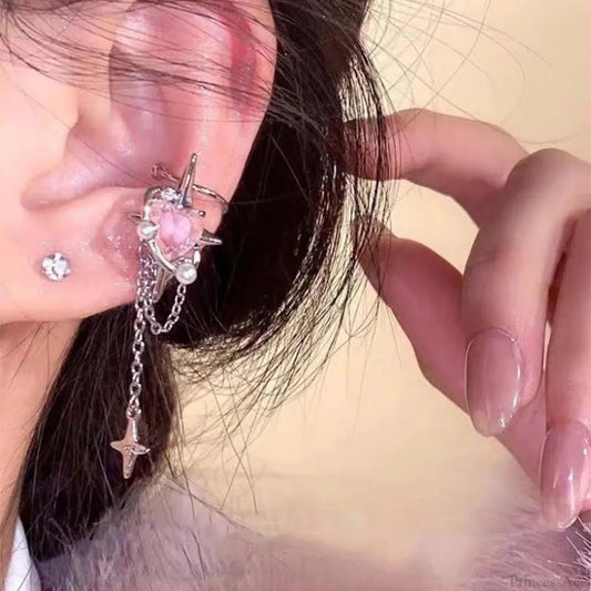 Rose Quartz Heart Celestial Fringe Clip Earring