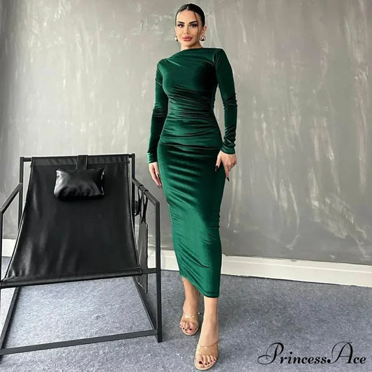 Ruched Long-Sleeved Body-Hugging Autumnal Elegant Club-Ready Skinny Midi Dress Green / S