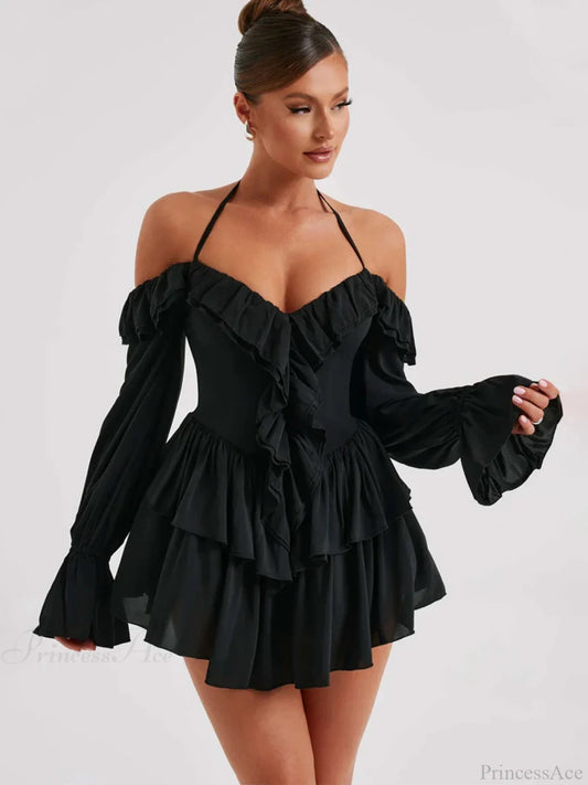 Ruffle Flare Sleeve Mini Dress Black / XS minidress-250223
