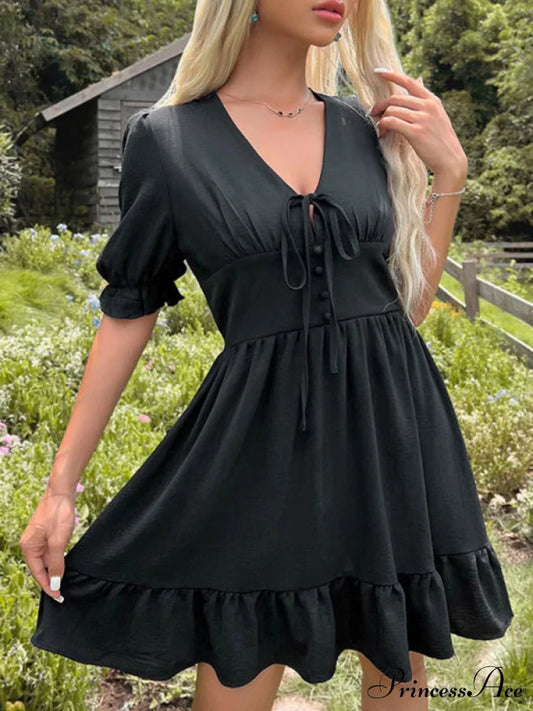 Ruffle Gown Slim Fit For Solid Skirt Color Women Black / Xs Women’s Short Sleeve Min Dress