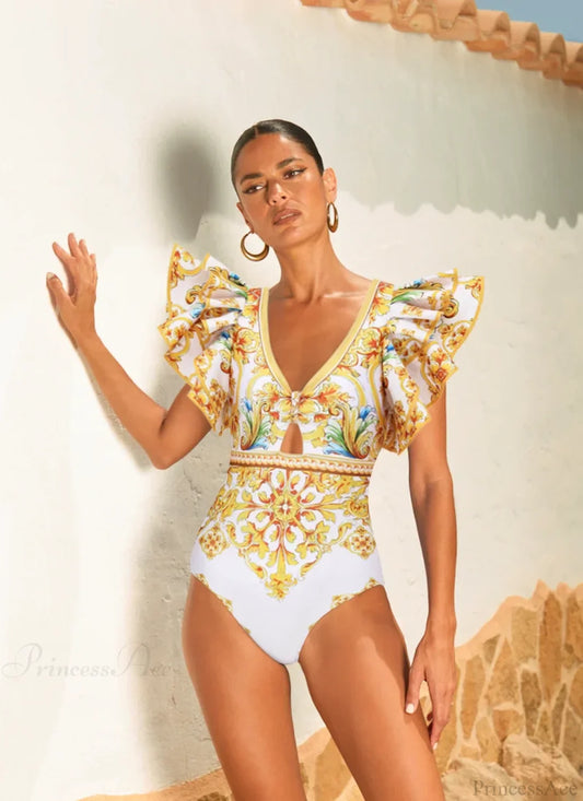 Ruffle V Neck Majolica Shorts Two Piece Set yellow / S