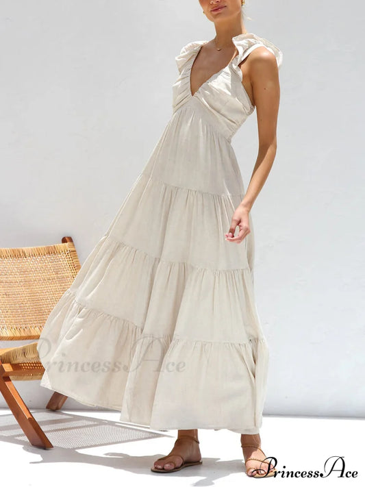 Ruffled Flying Sleeves Smocked Graceful Back Tiered Vacation Maxi Dress Beige / S Dresses