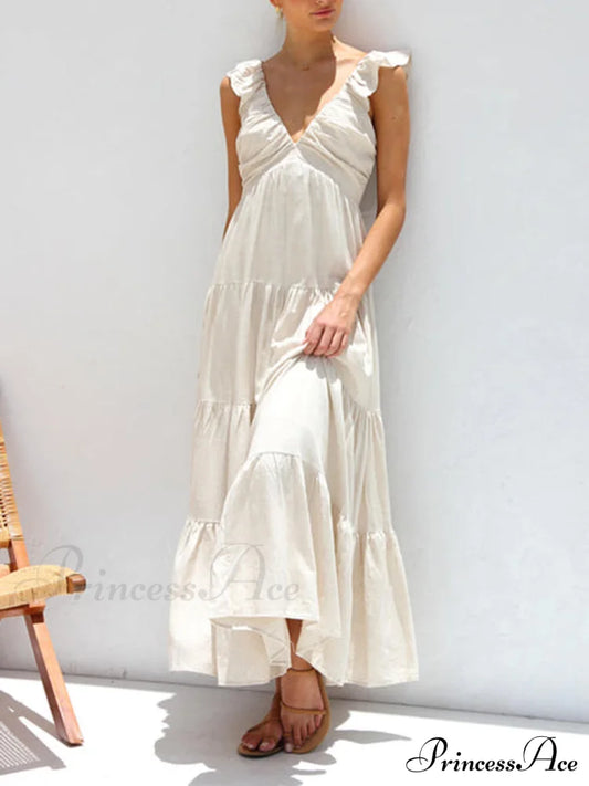 Ruffled Flying Sleeves Smocked Graceful Back Tiered Vacation Maxi Dress Dresses