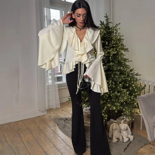 Ruffled Lace-Up V-neck Blouse blouse-250223