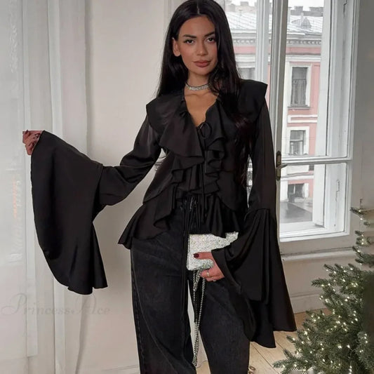 Ruffled Lace-Up V-neck Blouse Black / S blouse-250223