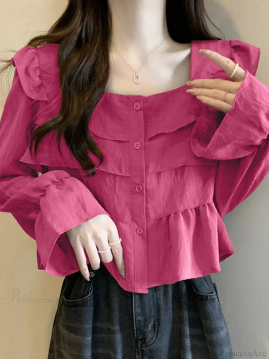 Ruffled Square Neck Flare Sleeve Blouse Dark Pink / S blouse-250126