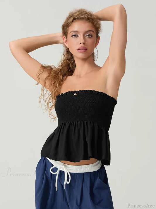 Ruffled Strapless Smocked Flowing Hem Bodydoll Tube Top Black / S croptop-250126