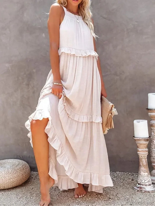 Ruffles Sexy Split Halter Sleeveless Big Hem Maxi Boho Dress White / S bohodress-250126