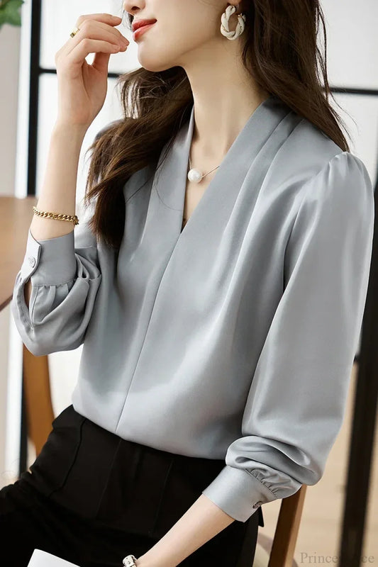 Satin Chiffon V-neck Soft Casual Blouse for Office Gray / S blouse-250126