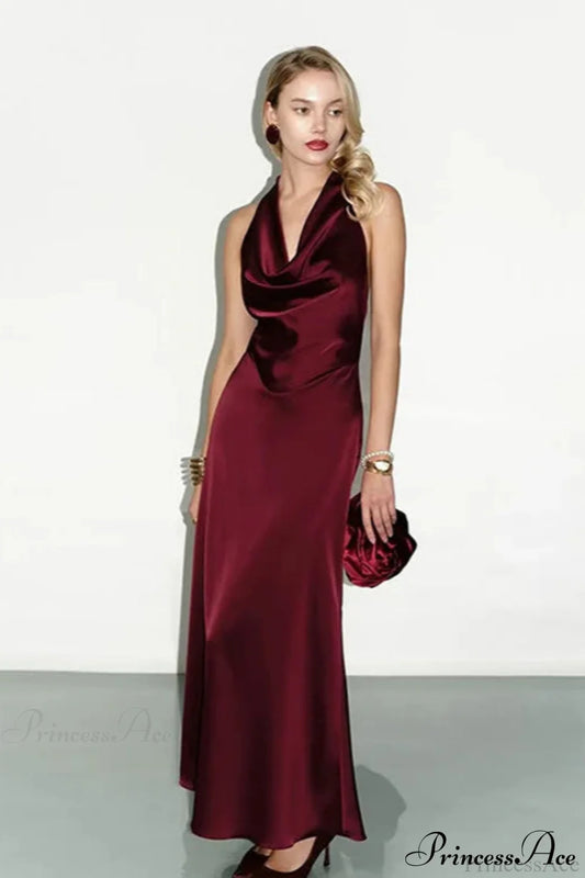 Satin Cowl Neck Halter Backless Slim Maxi Dress Red / S