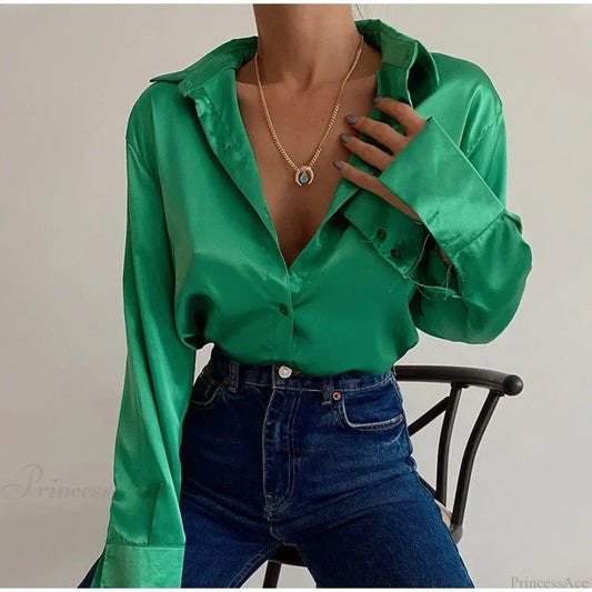 Satin Long Sleeve Vintage Blue Blouse Green / S blouse-250223