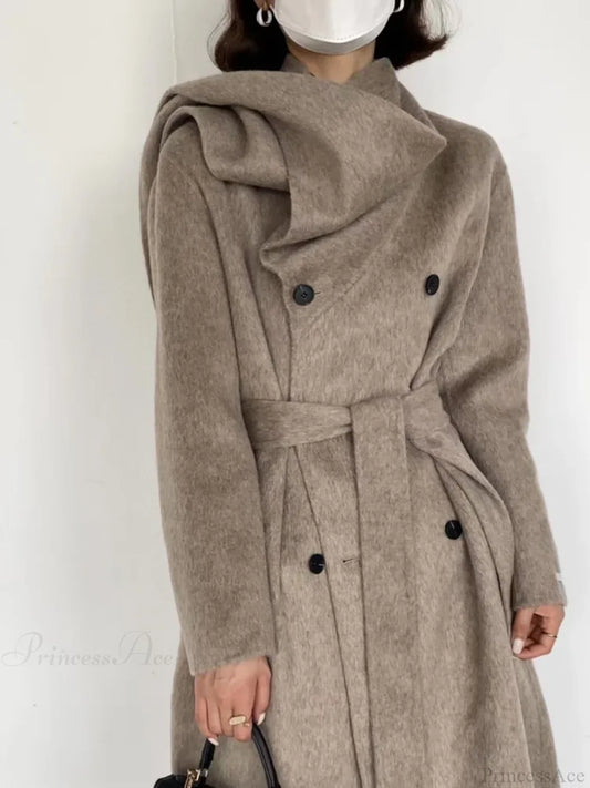 Scarf Collar Double-Breasted Wool Overcoat Oat Color / One Size