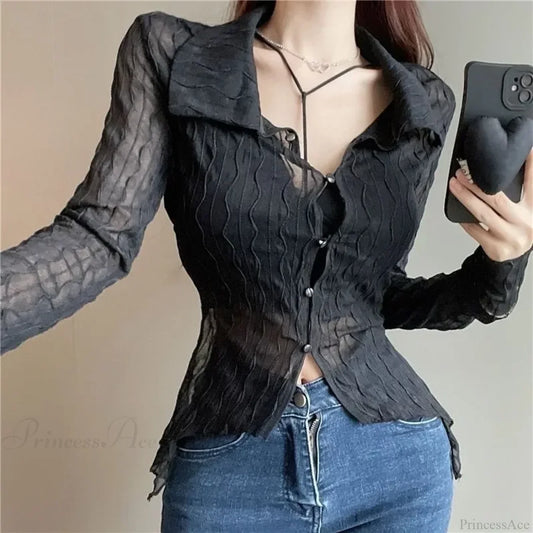 See Through Long Sleeve Turn-down Collar Blouse Black / big one size blouse-250126
