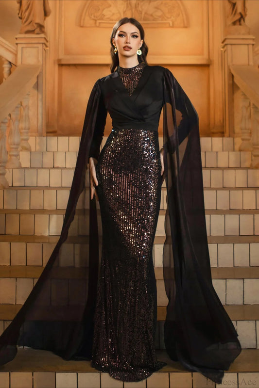 Sequin Crew Neck Long Sleeve Fitted Bodycon Wedding Dress Black / S