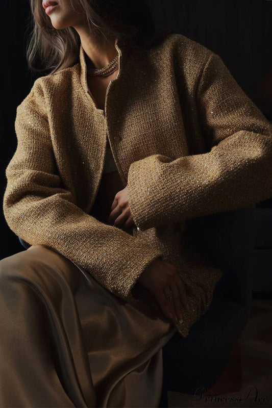 Sequin Metallic Stand Collar Loose Fashion Coat Gold / S
