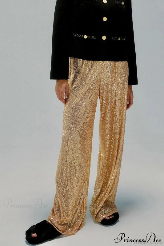 Sequin Slim-Fit Straight Casual Pants Gold / S