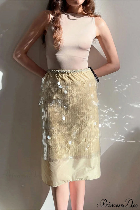 Sequin Tie Color Block Midi Skirt Beige / S