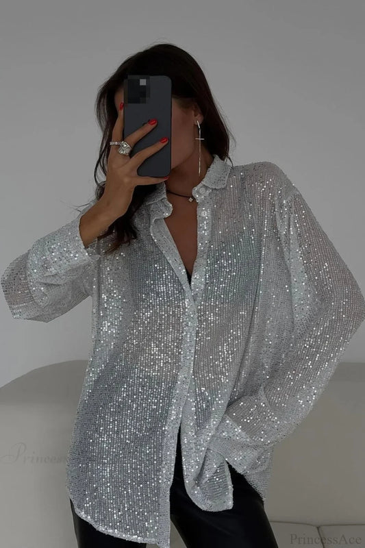 Sequins Long Sleeve Open Front Blouse Silver / S