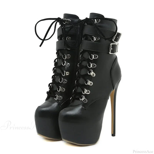 Sexy Buckle-Strap 16.5Cm Extreme High-Heels Platform Boots Round-Toe Lace-Up Party Club Stripper