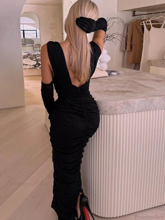 Sexy Deep V Neck Gauze Folds Bandage Black Sleeveless Christmas Party Dress / S Dresses-L