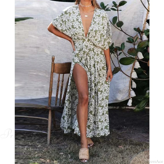 Sexy Deep V-neck Maxi Dress Vintage Floral Print Side Split Boho Dress Green / S bohodress-250126