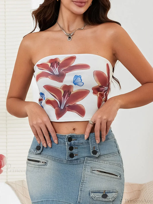 Sexy Floral Strapless Backless Crop Tank Tube Top WHITE / S croptop-250126