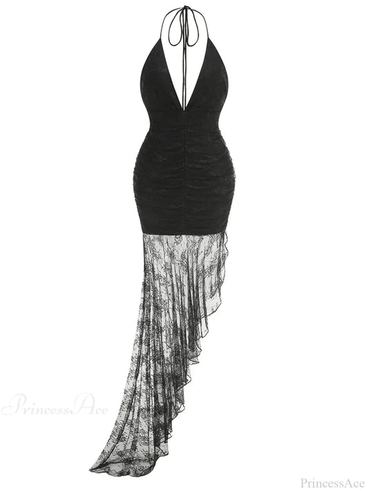 Sexy Halter Lace-Up Deep V Neck Lace Ruffles Rose Red Christmas Party Dress Black / Xs Dresses-L