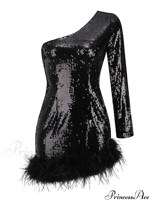 Sexy Luxury Sequins Trendy One Shoulder Mini Dress Black / Xs