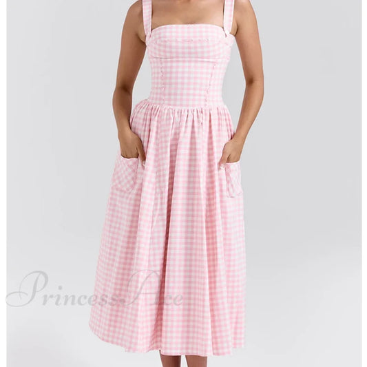 Sexy Sleeveless Plaid Fit and Flare Maxi Dress Pink / S