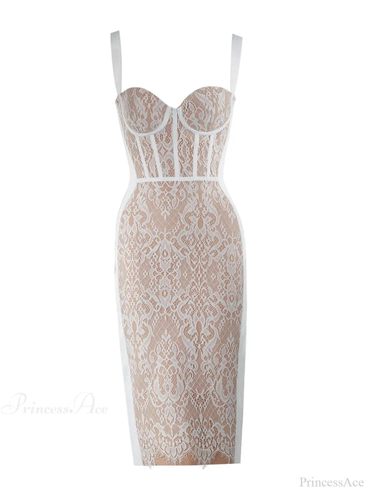 Sexy Sling Square Collar Lace Bandage Sleeveless White Midi Christmas Party Dress White / Xs