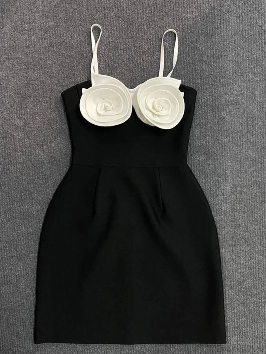 Sexy Spaghetti Strap 3D Flower Bandage Sleeveless Floral A-Line Christmas Party Dress Black / S