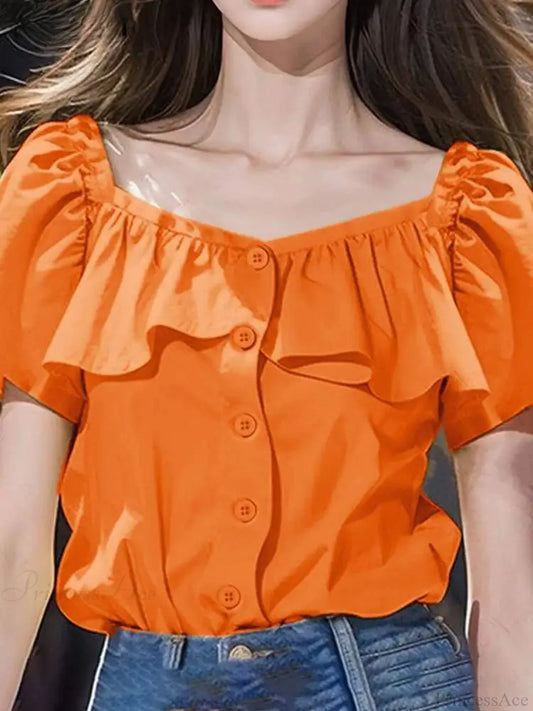 Sexy Square Collar Short Sleeve Casual Blouse Orange / S blouse-250126